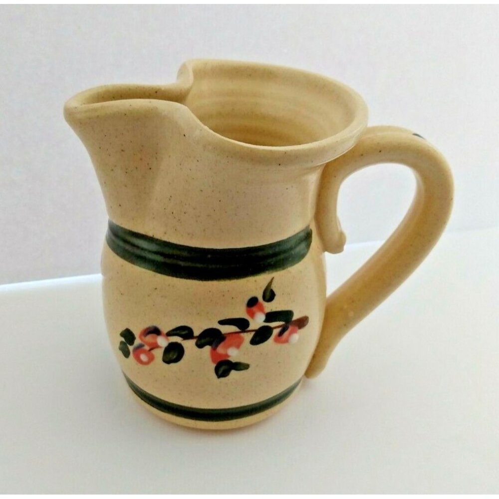 Olde Cape Cod Stoneware Pitcher Hand Painted Cranberry Pinched Spout - Marked